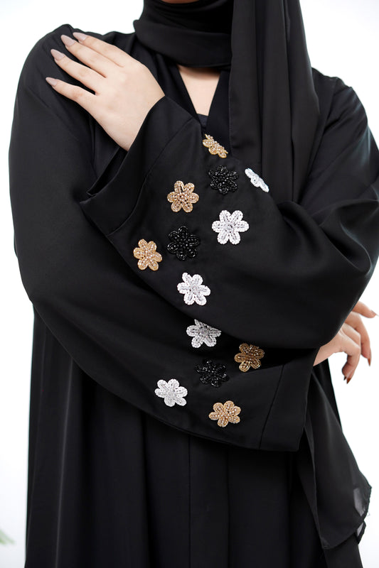 Best Black Abaya by Clarity Glam featuring elegant floral embroidery on sleeve cuffs