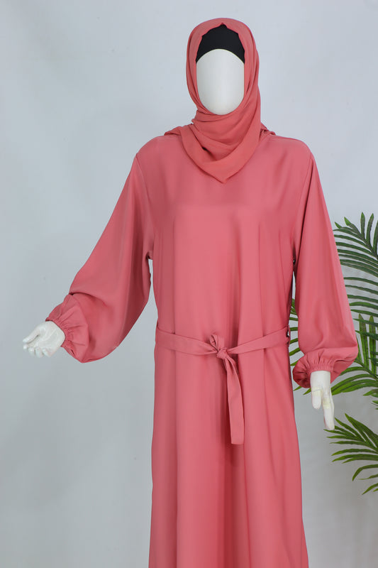 Clarity Glam luxury abaya with matching scarf in soft pink featuring long sleeves and waist tie