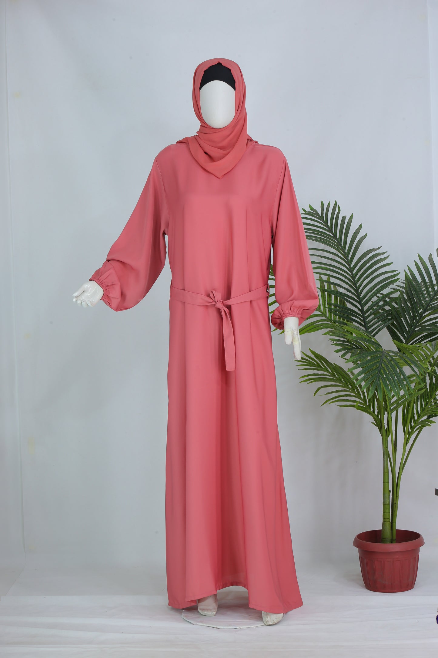 Clarity Glam luxury abaya with matching scarf in pink featuring long sleeves and waist tie