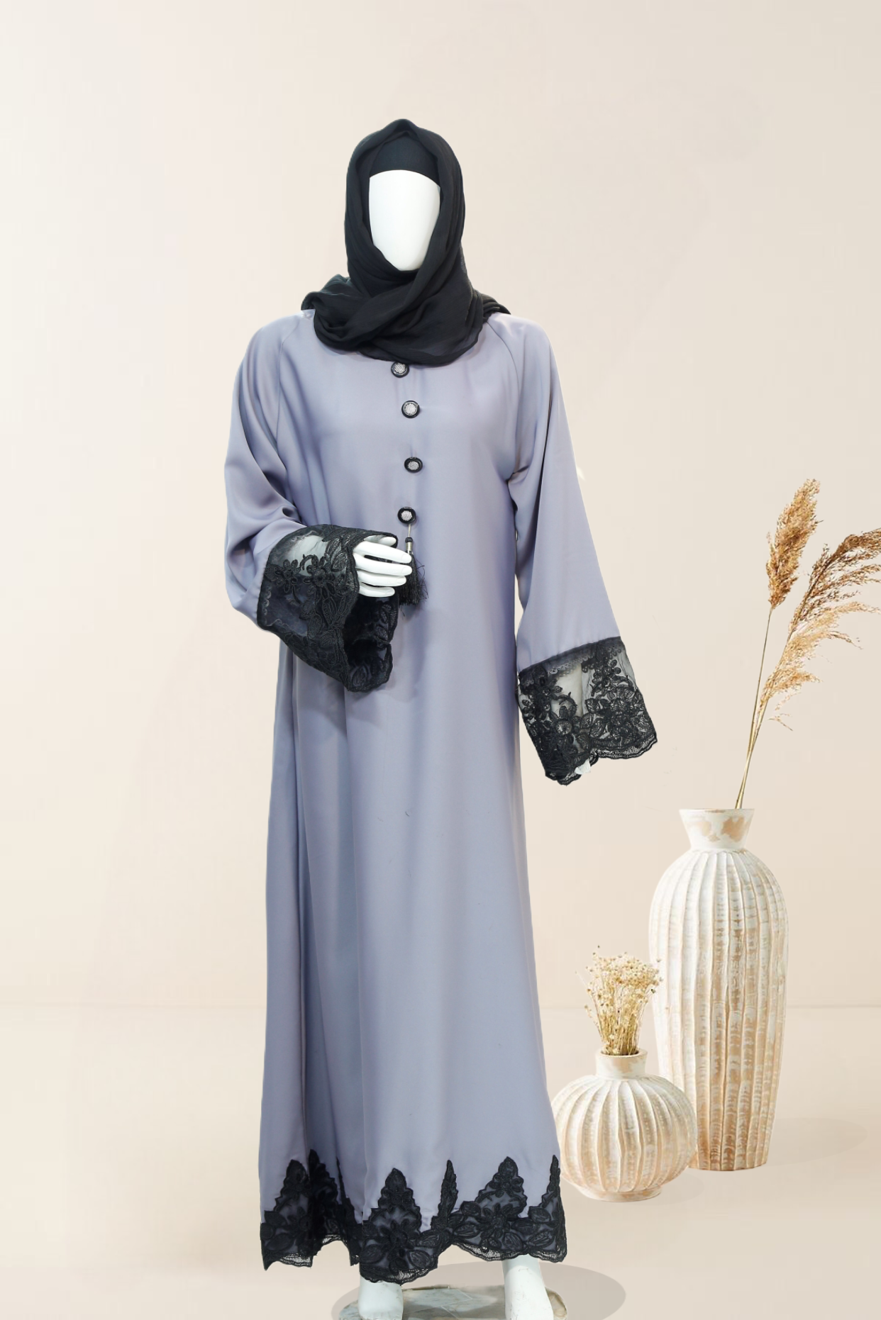 Clarity Glam luxury abaya with scarf in lavender featuring black lace trim and button details