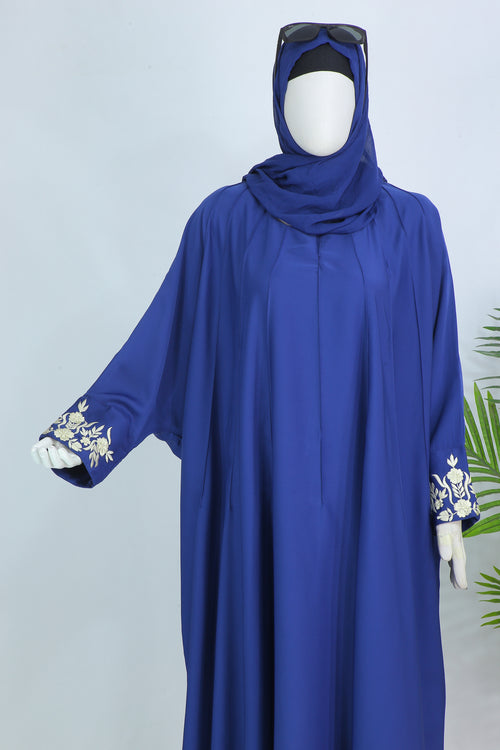 Luxury blue abaya with scarf by Clarity Glam featuring embroidered sleeve details and a matching headscarf