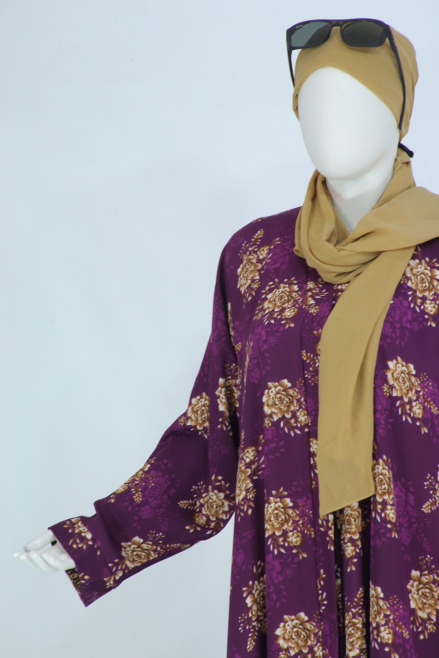 Luxury indigo abaya with scarf featuring floral pattern and long sleeves by Clarity Glam