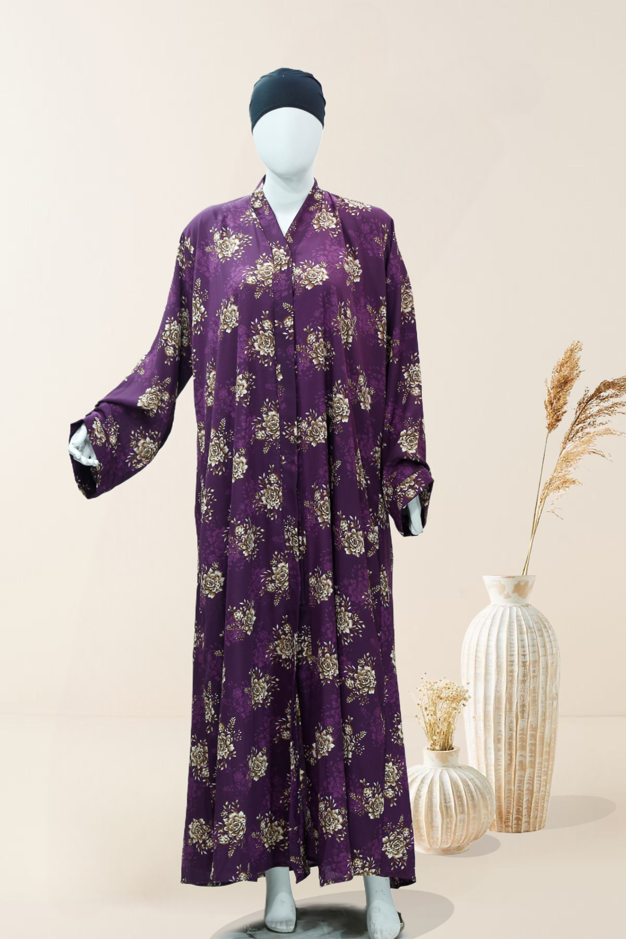 Luxury indigo abaya with scarf featuring elegant floral patterns displayed on a mannequin