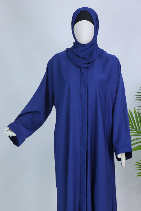 Clarity Glam modern blue abaya for women with full sleeves and matching hijab on mannequin