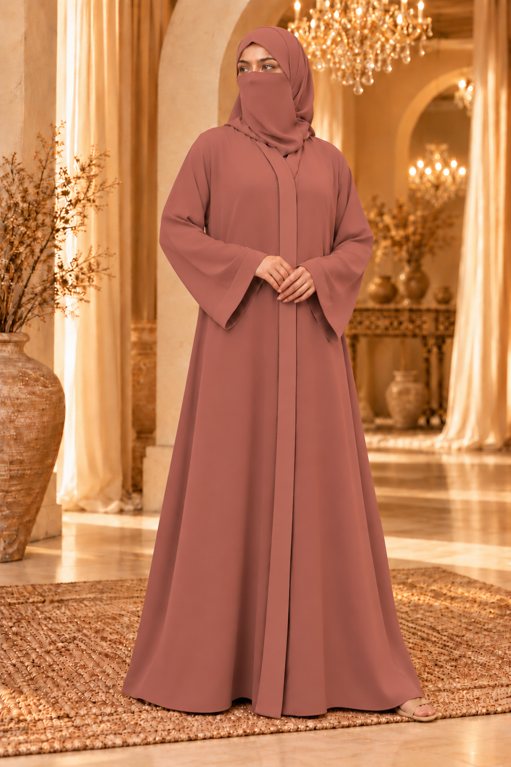 Mira Rose dusty rose front open abaya with scarf by Clarity Glam