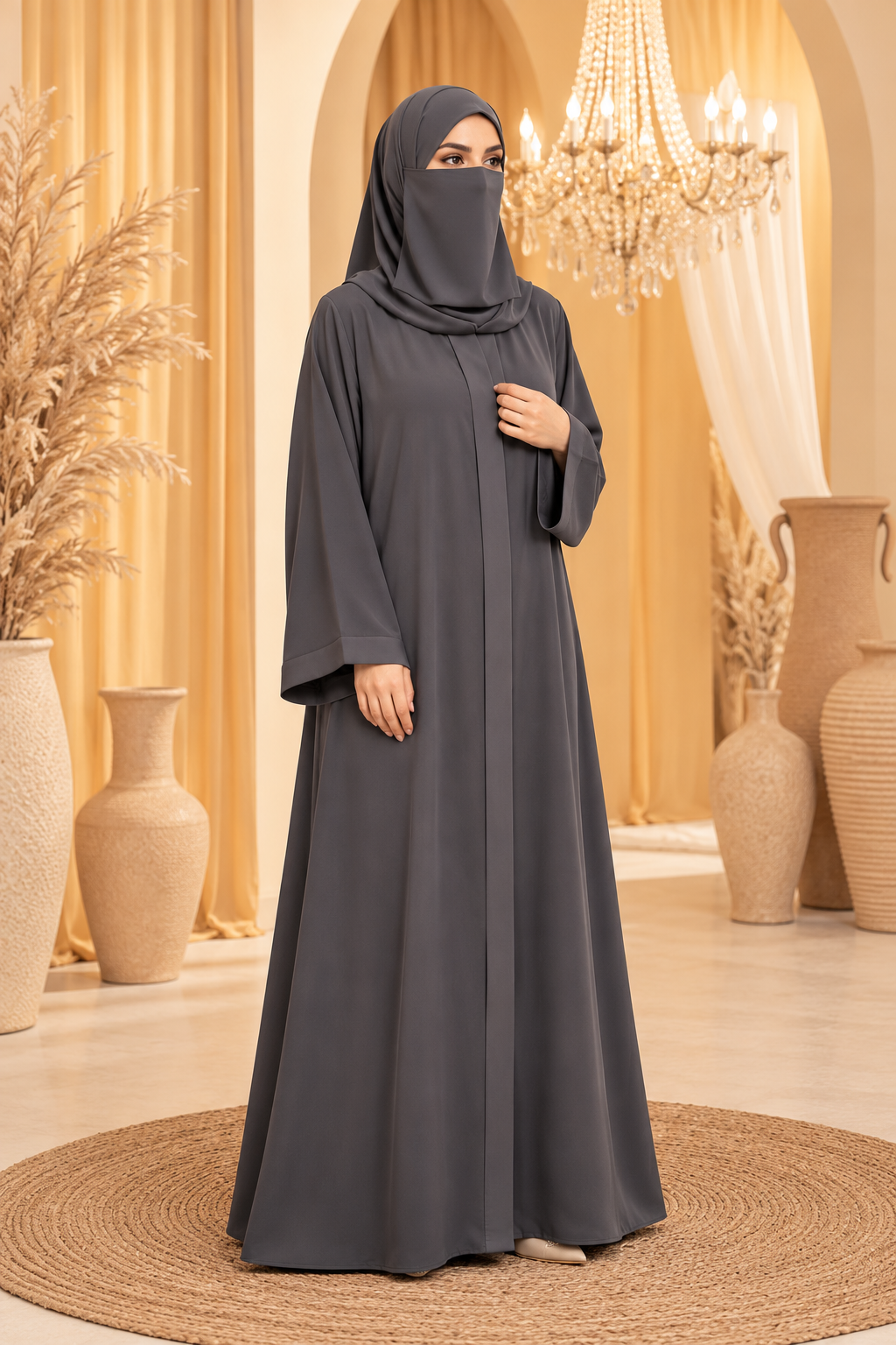 Mira Grey charcoal grey front open abaya with scarf by Clarity Glam