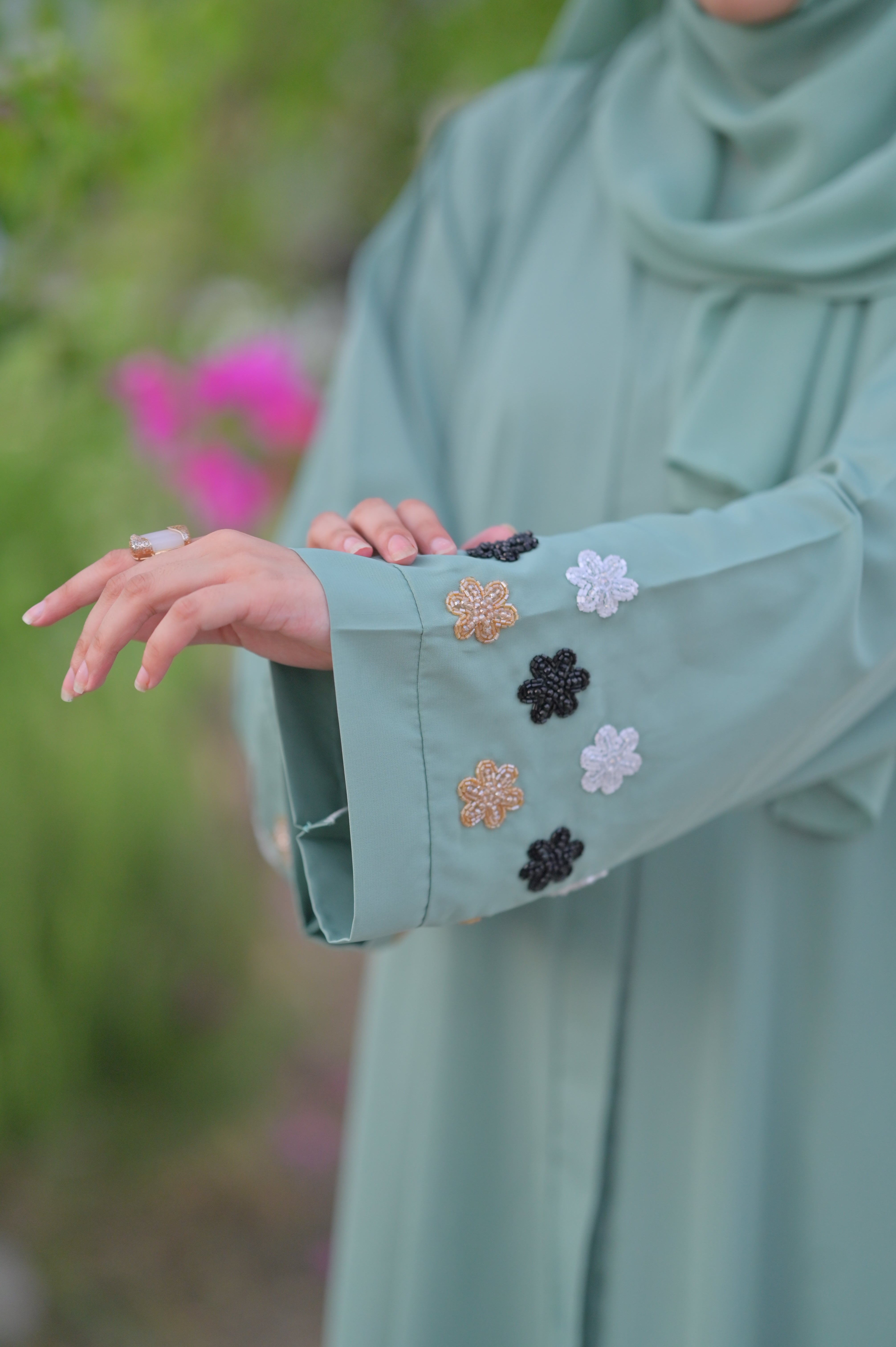Clarity Glam elegant abaya free delivery with detailed floral embroidery on sleeve in soft green fabric
