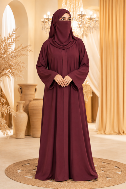 Mira Maroon front open abaya with scarf by Clarity Glam