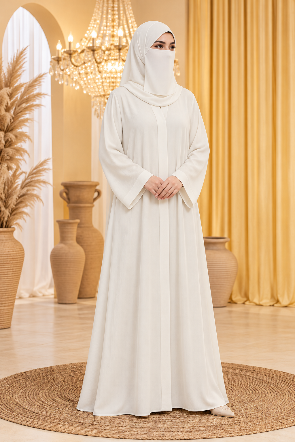 Mira White front open abaya with included scarf by Clarity Glam