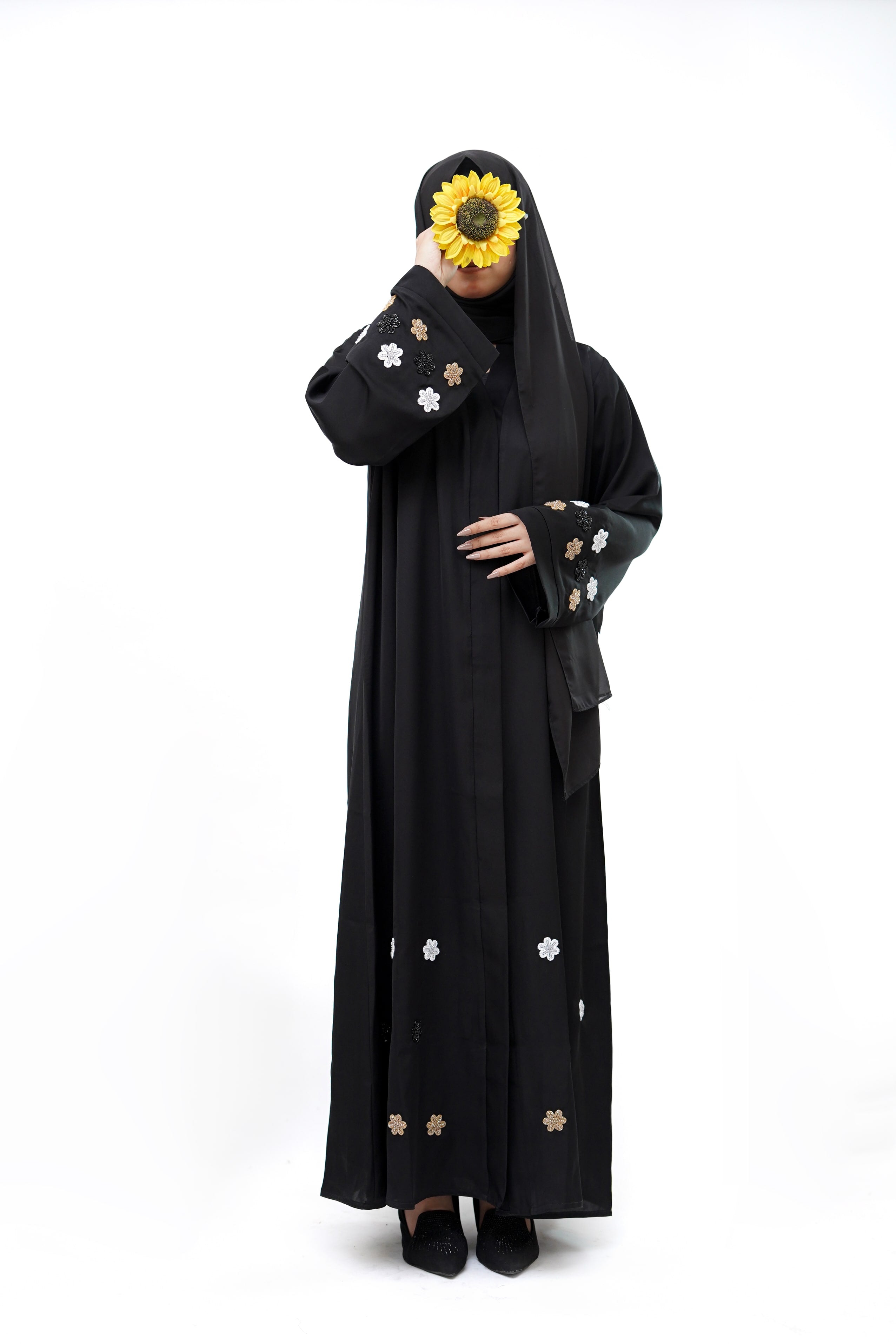 Clarity Glam best black abaya with floral embroidery on sleeves and hem worn by model
