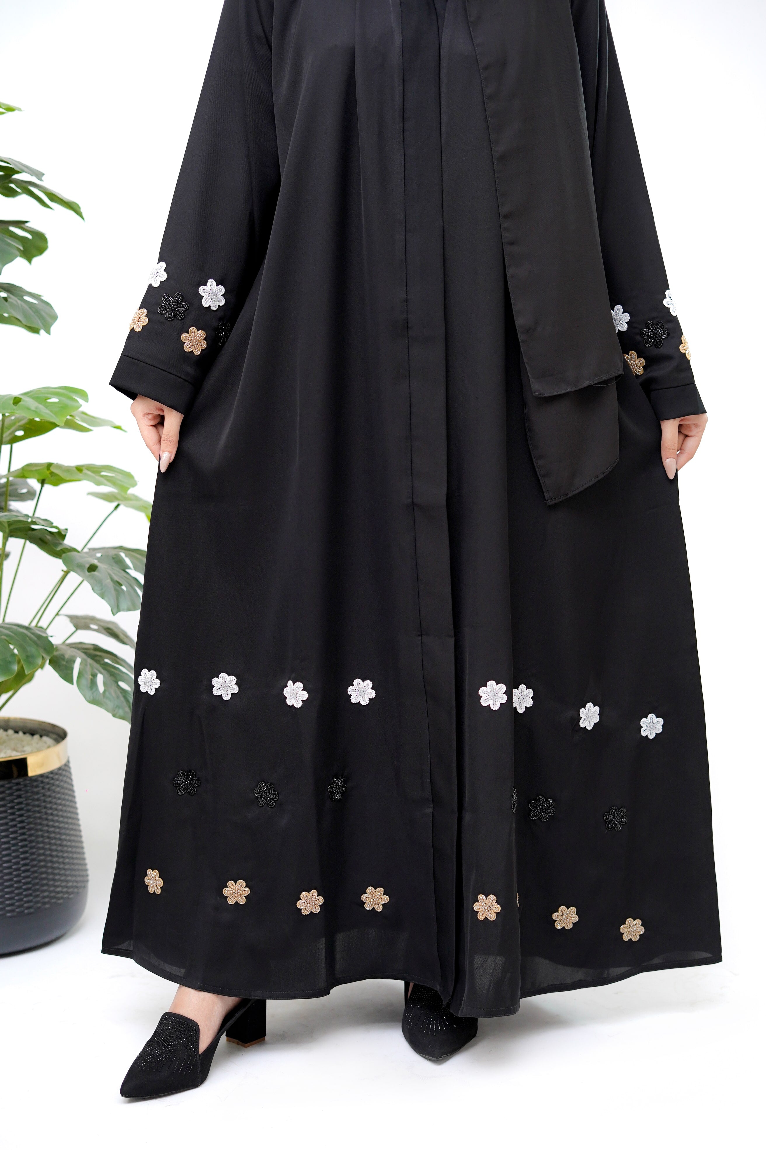 Clarity Glam best black abaya with floral embroidery on sleeves and hem, elegant modest wear