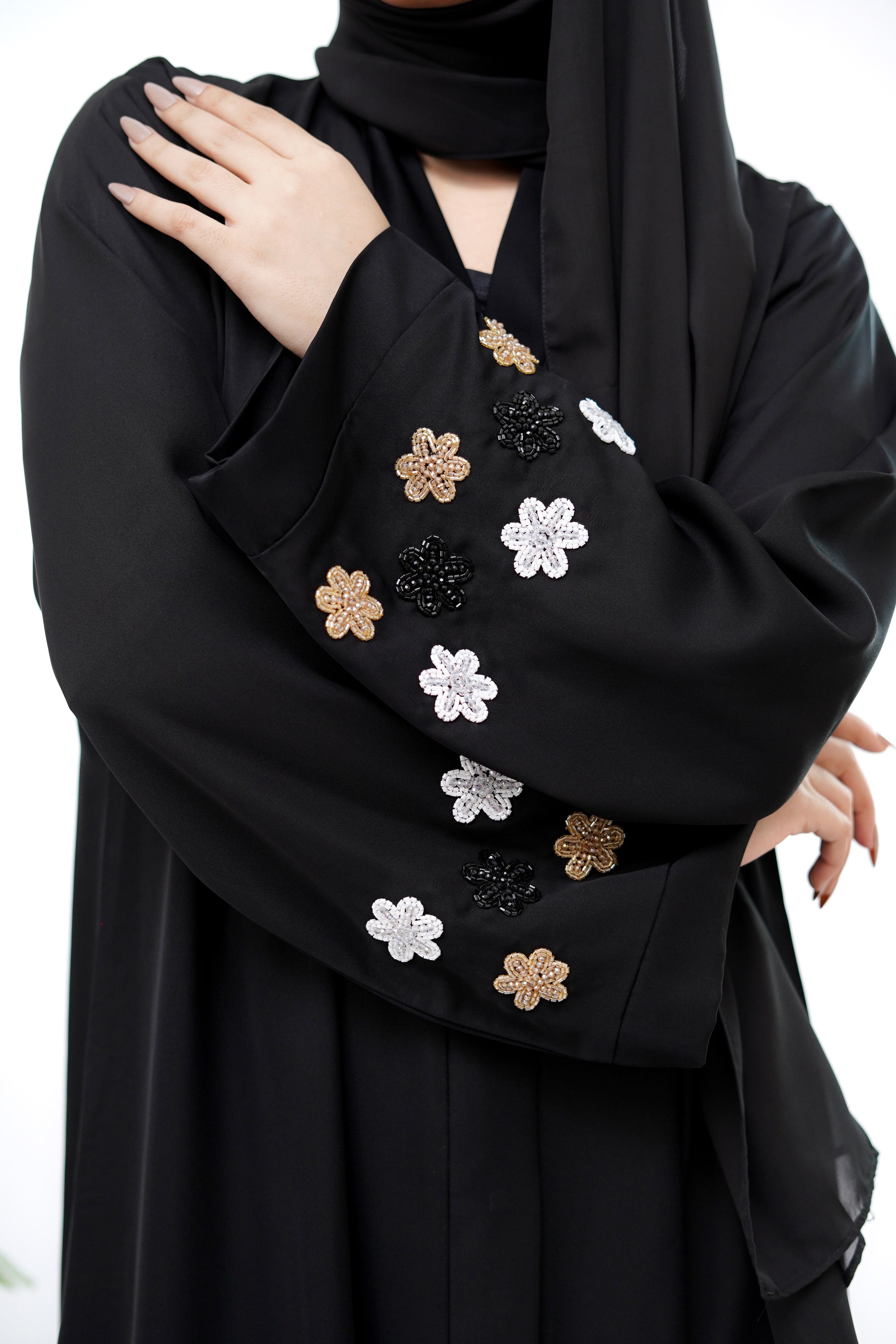 Best Black Abaya by Clarity Glam featuring elegant floral embroidery on sleeve cuffs