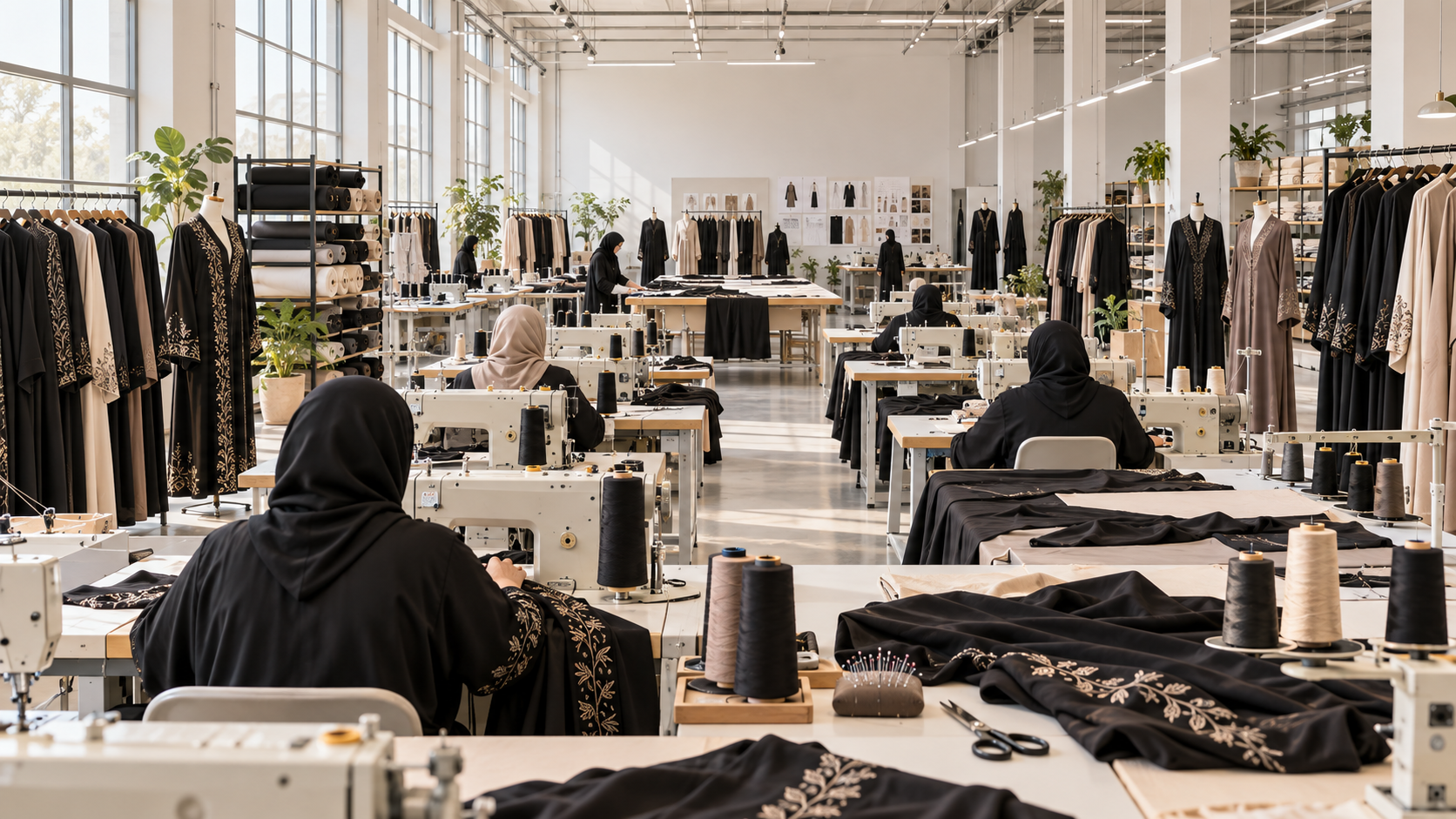 Illustrative abaya CMT production workspace for Clarity Glam B2B enquiries