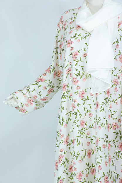 Clarity Glam white floral abaya with scarf featuring pink flower patterns and green leaves