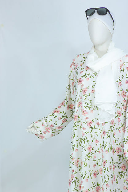 Clarity Glam floral abaya with scarf featuring pink flowers and green leaves on white fabric