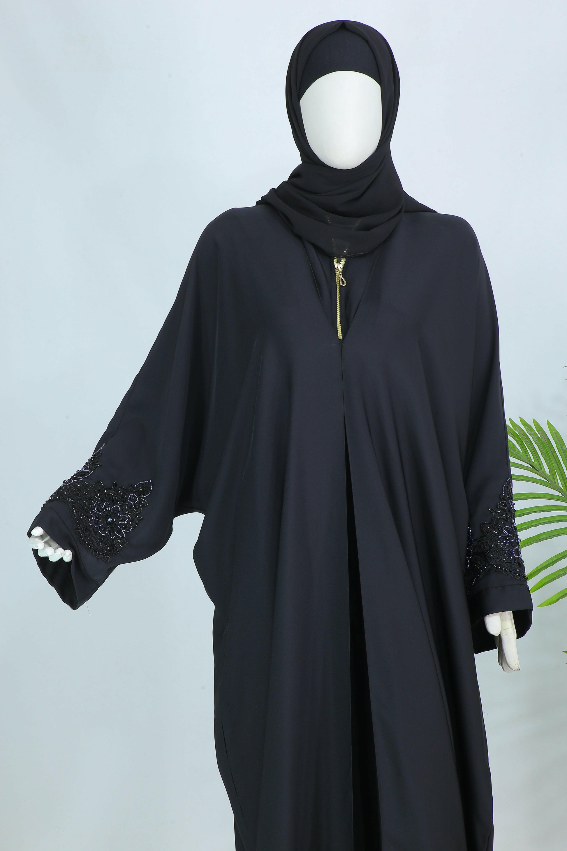 Clarity Glam luxury abaya with scarf in black featuring embroidered sleeve details and front zipper