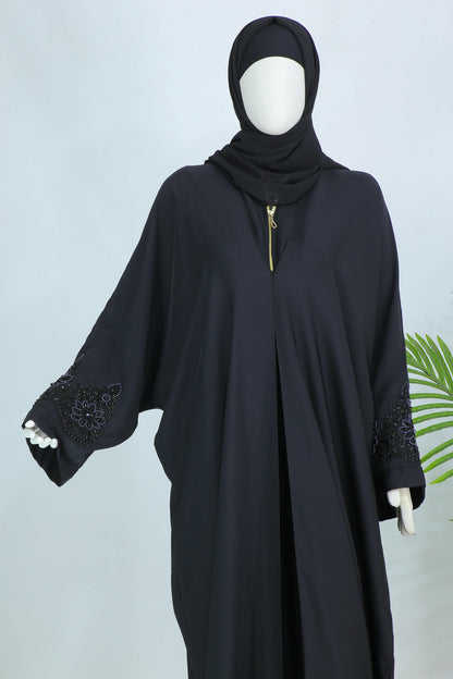 Clarity Glam luxury abaya with scarf in black featuring embroidered sleeve details and front zipper