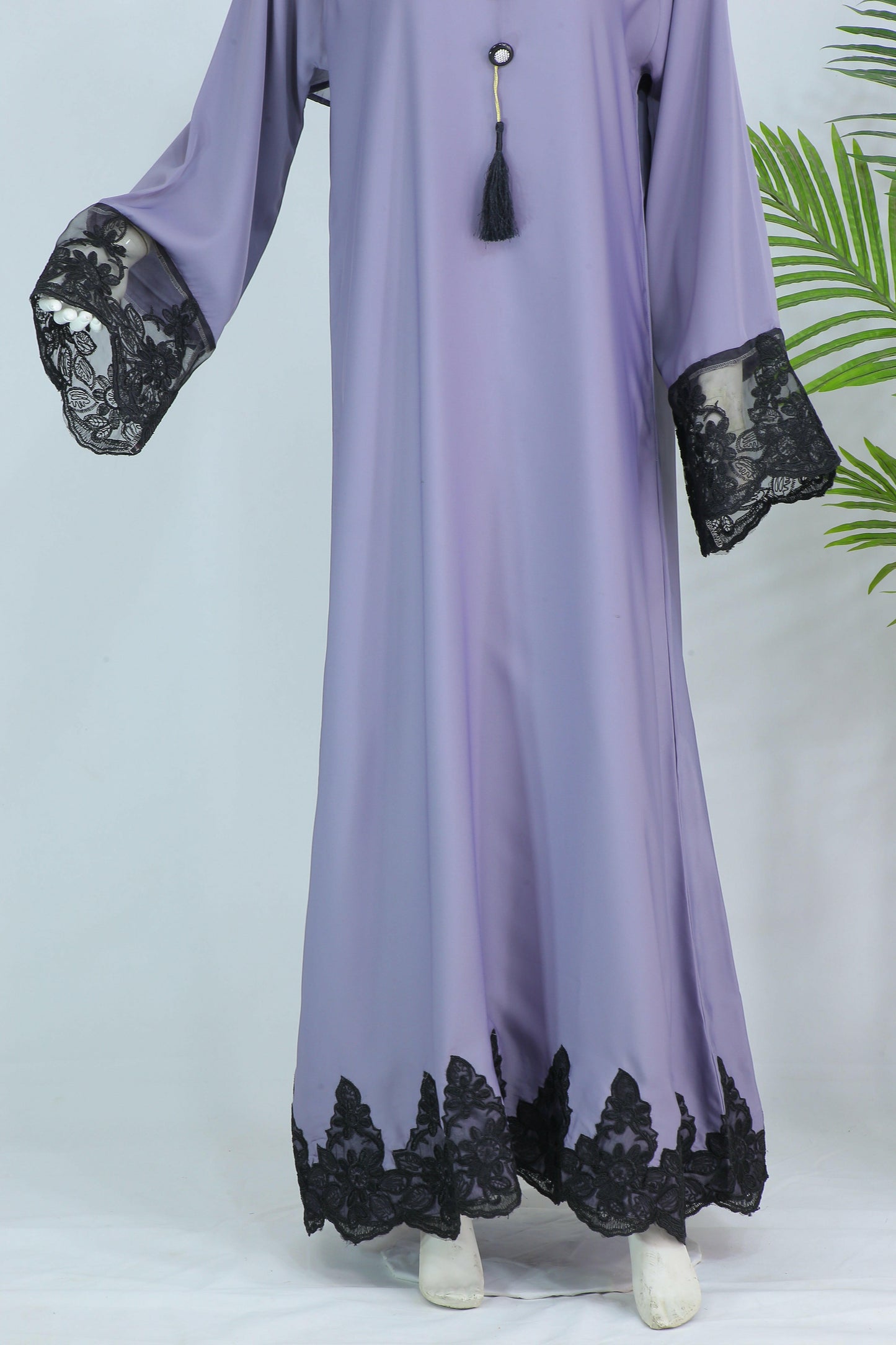 Luxury abaya with scarf in lavender featuring black lace trim on sleeves and hem by Clarity Glam