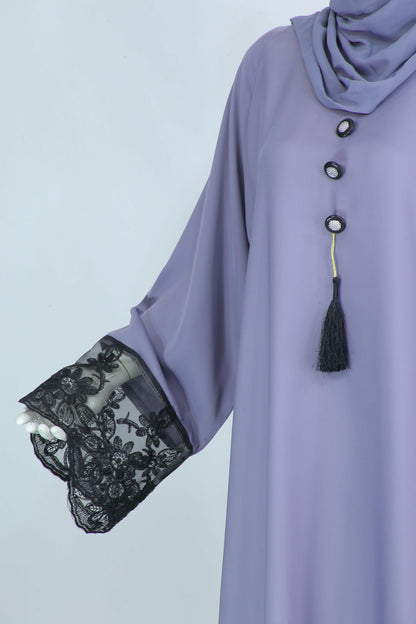 Clarity Glam luxury abaya with scarf in lavender featuring black lace sleeve detail and decorative buttons