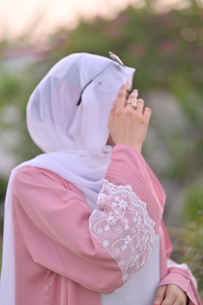 Clarity Glam luxury abaya with scarf in soft pink featuring intricate white lace embroidery on sleeve for party wear