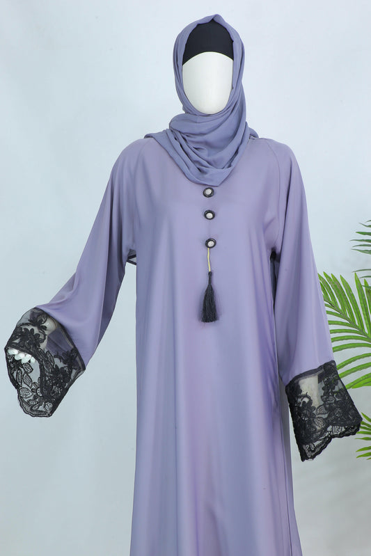 Clarity Glam luxury abaya with scarf in soft lavender color featuring black lace sleeves and decorative buttons