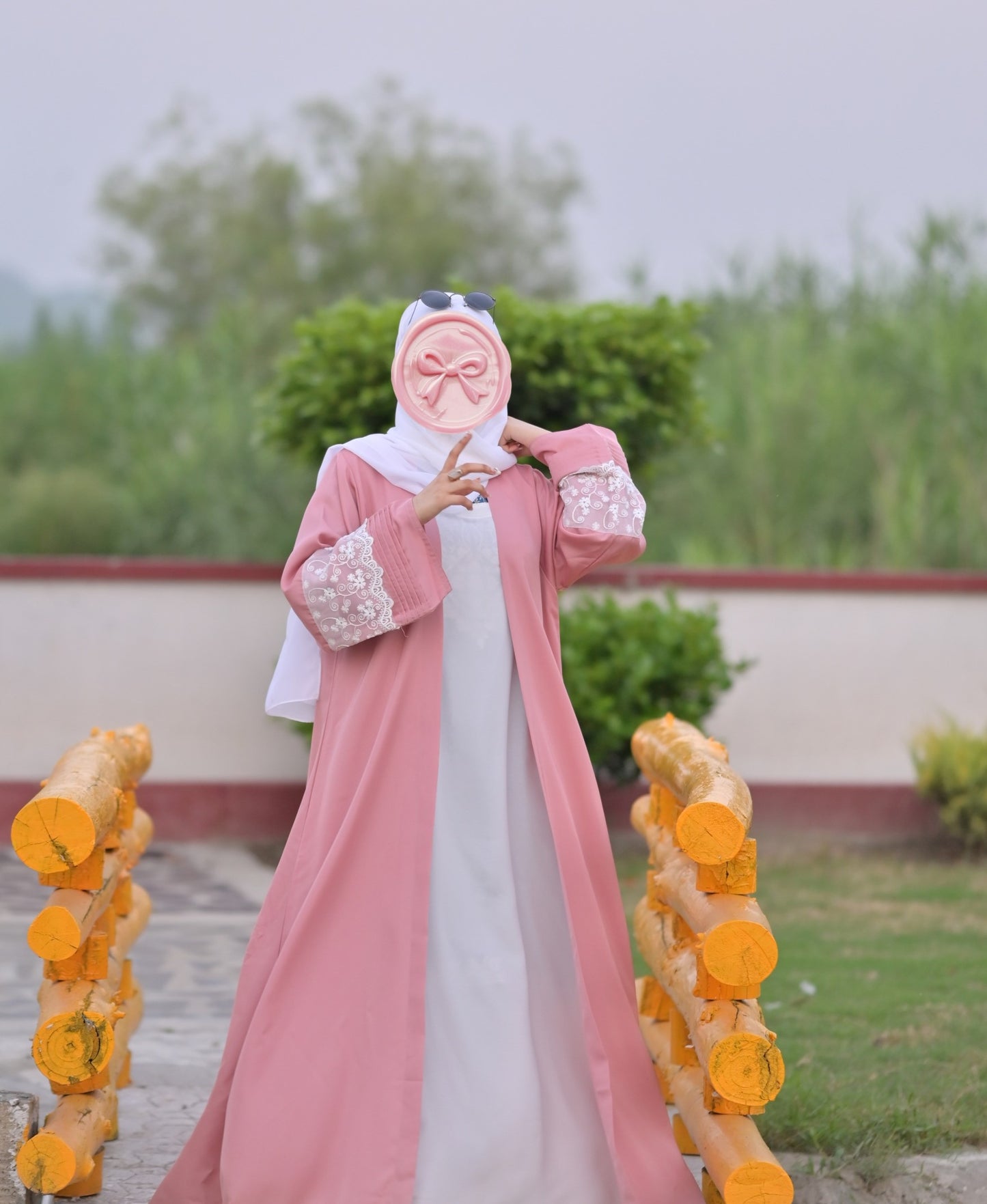 Clarity Glam luxury abaya with scarf in pink and white featuring detailed sleeve embroidery for party wear