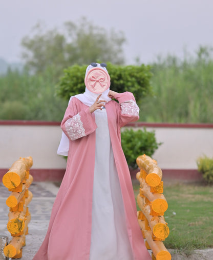 Clarity Glam luxury abaya with scarf in pink and white featuring detailed sleeve embroidery for party wear