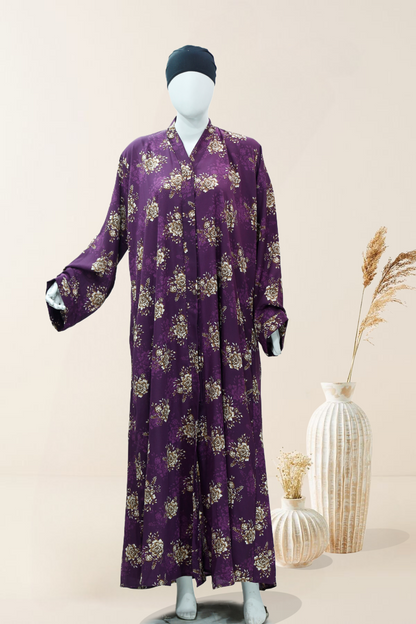 Luxury indigo abaya with scarf featuring elegant floral patterns displayed on a mannequin