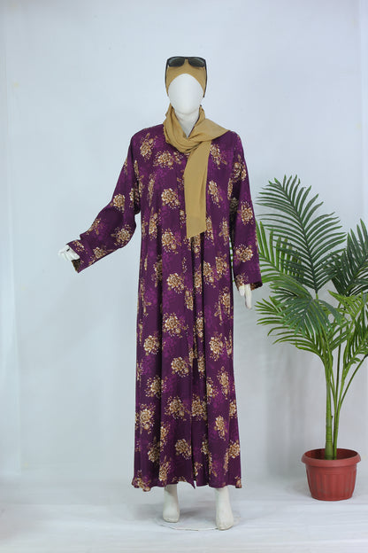 Luxury indigo abaya with scarf from Clarity Glam featuring gold floral patterns and a beige scarf