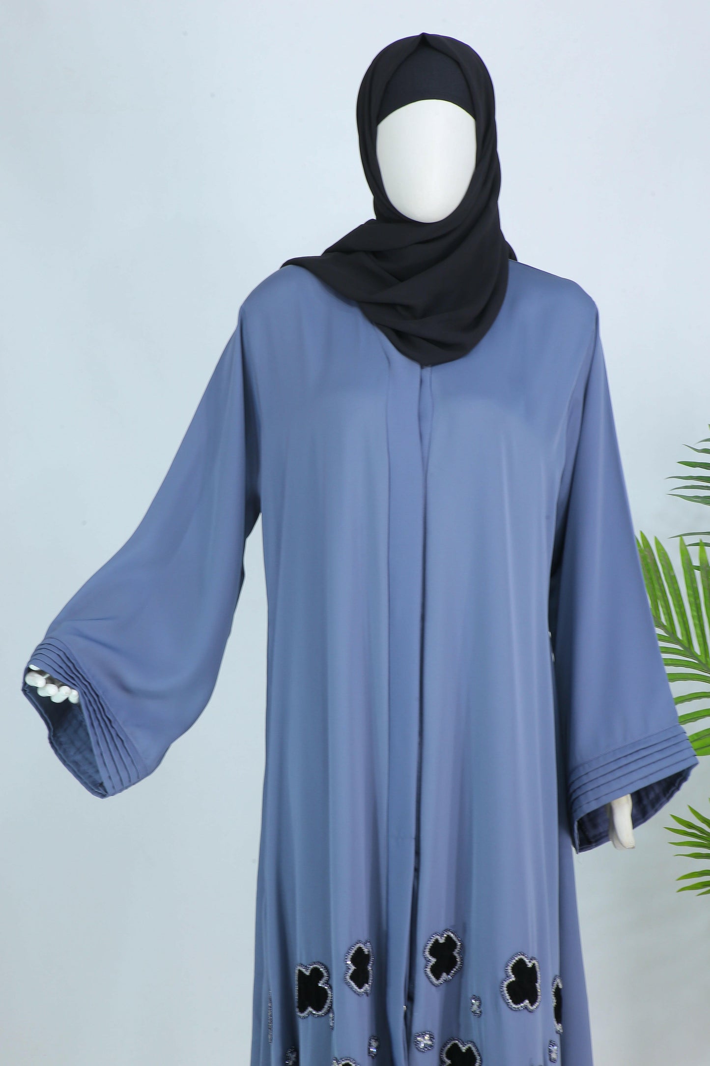 Clarity Glam luxury modest abaya with scarf in blue featuring black floral embroidery and wide sleeves