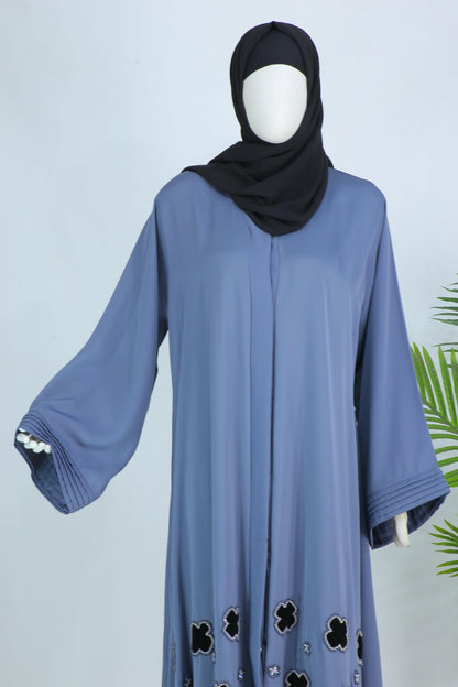 Clarity Glam luxury modest abaya with scarf in blue featuring black floral embroidery and wide sleeves