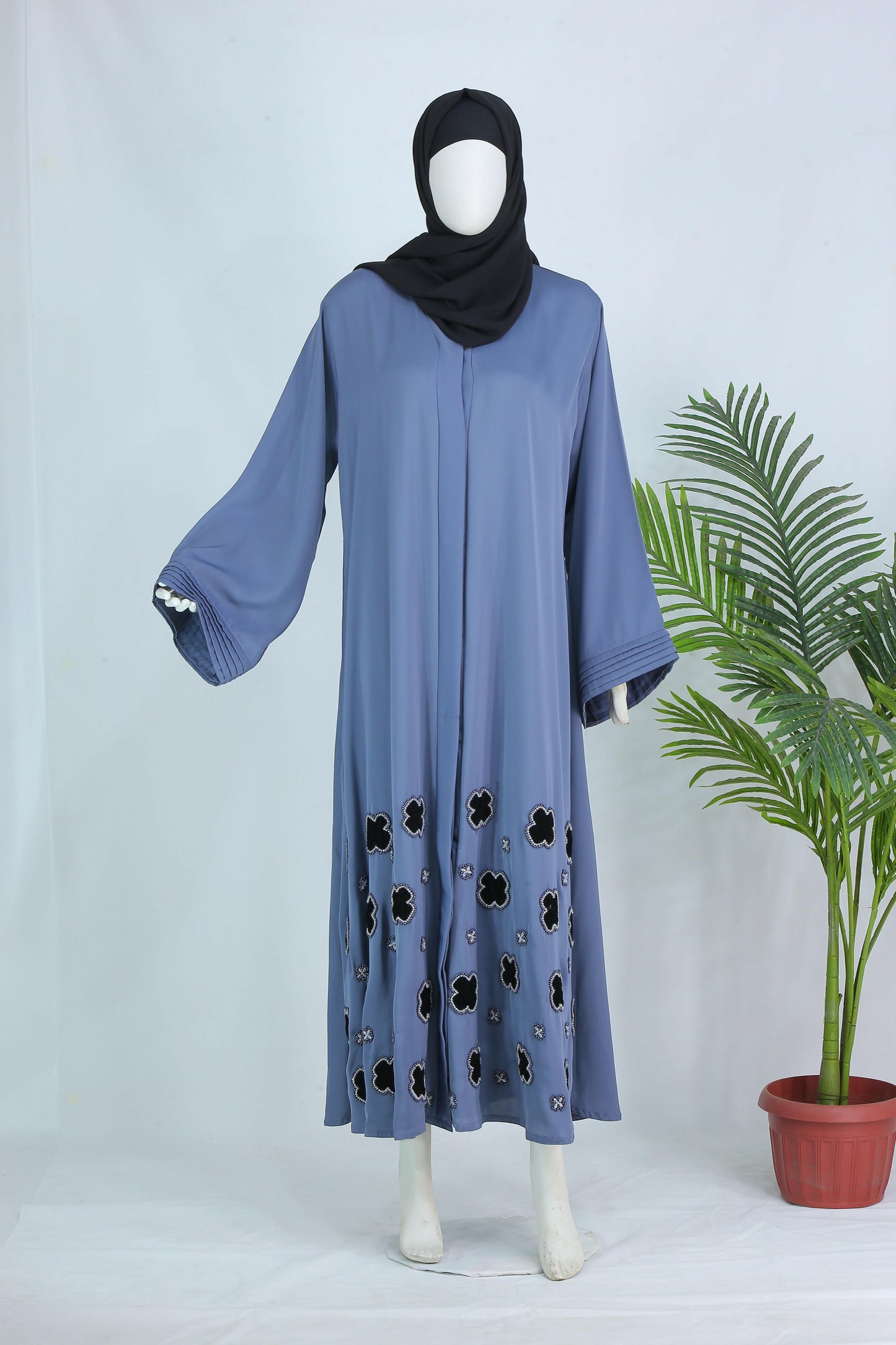 Clarity Glam luxury modest abaya with scarf in blue featuring floral embroidery and wide sleeves