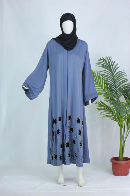 Clarity Glam luxury modest abaya with scarf in blue featuring floral embroidery and wide sleeves