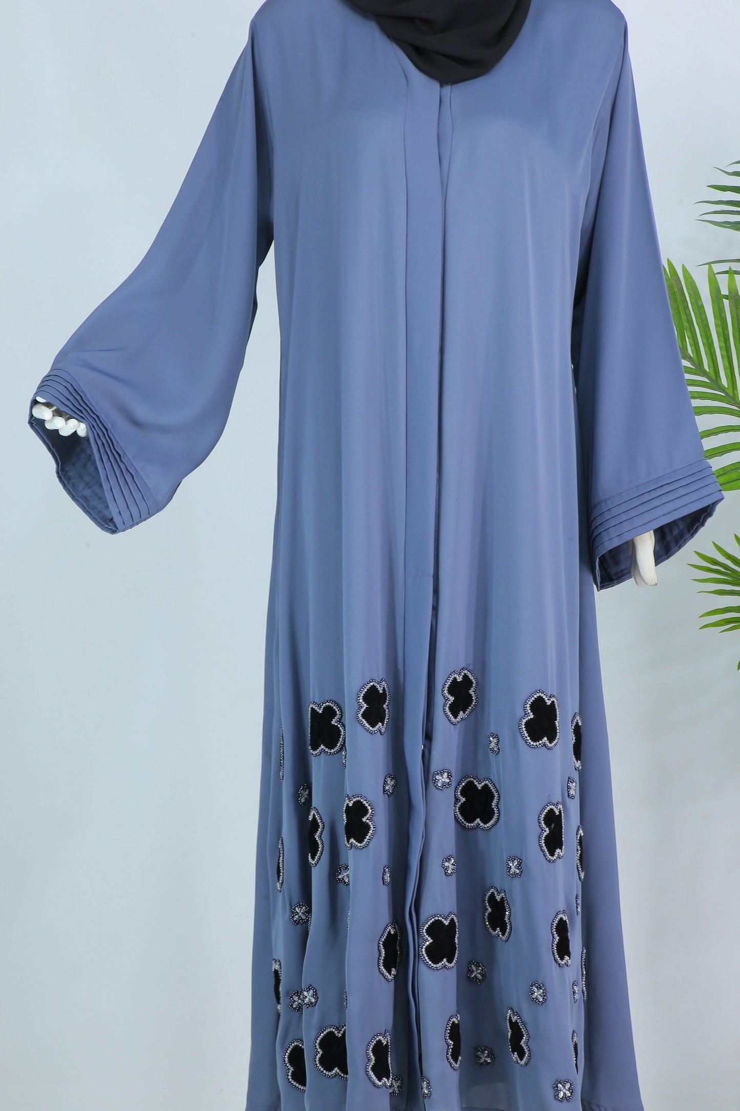 Luxury modest abaya with scarf in blue featuring black floral embroidery and wide sleeves by Clarity Glam