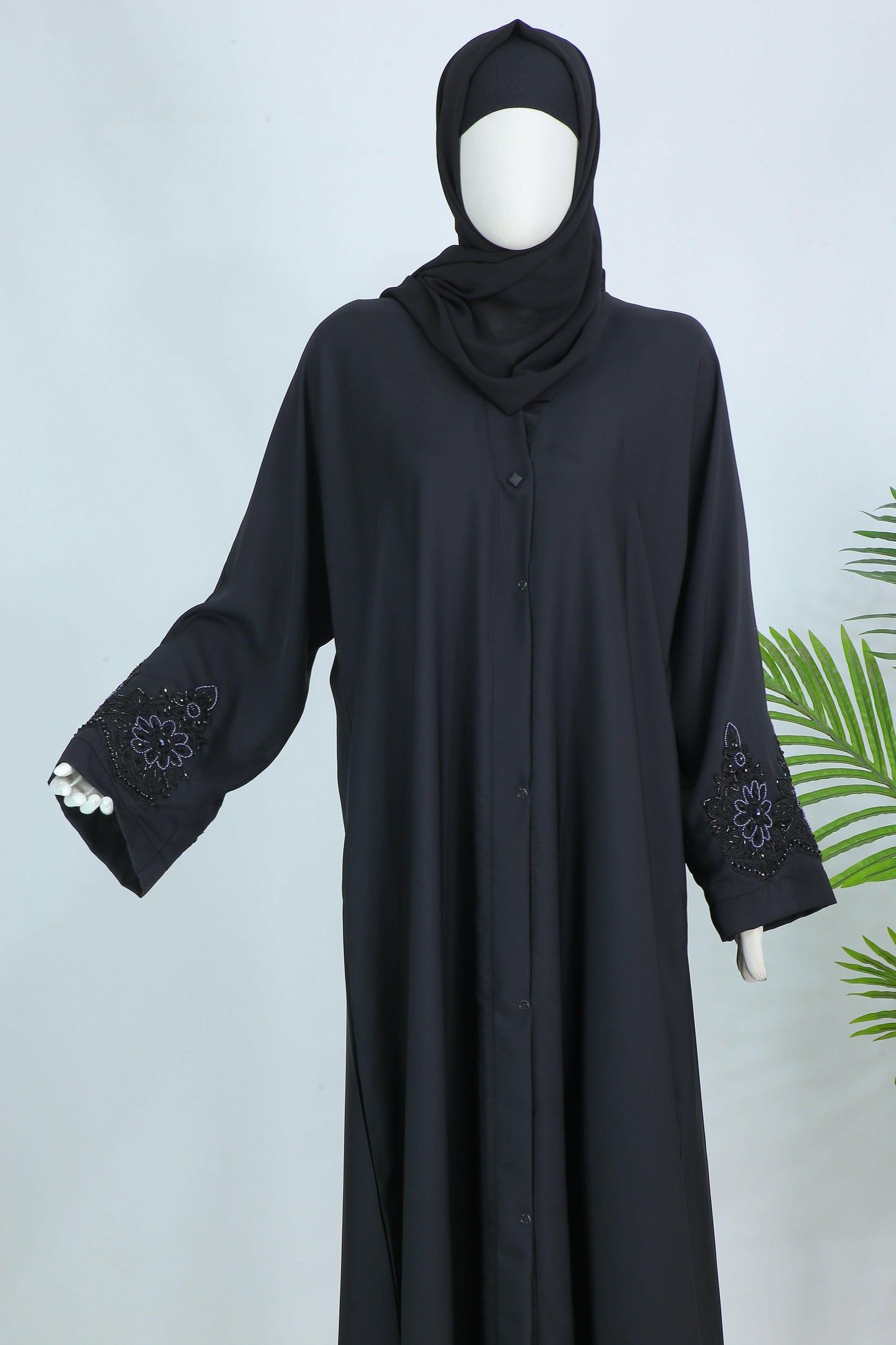 Clarity Glam Mahnoor abaya with free scarf black full length with embroidered sleeves