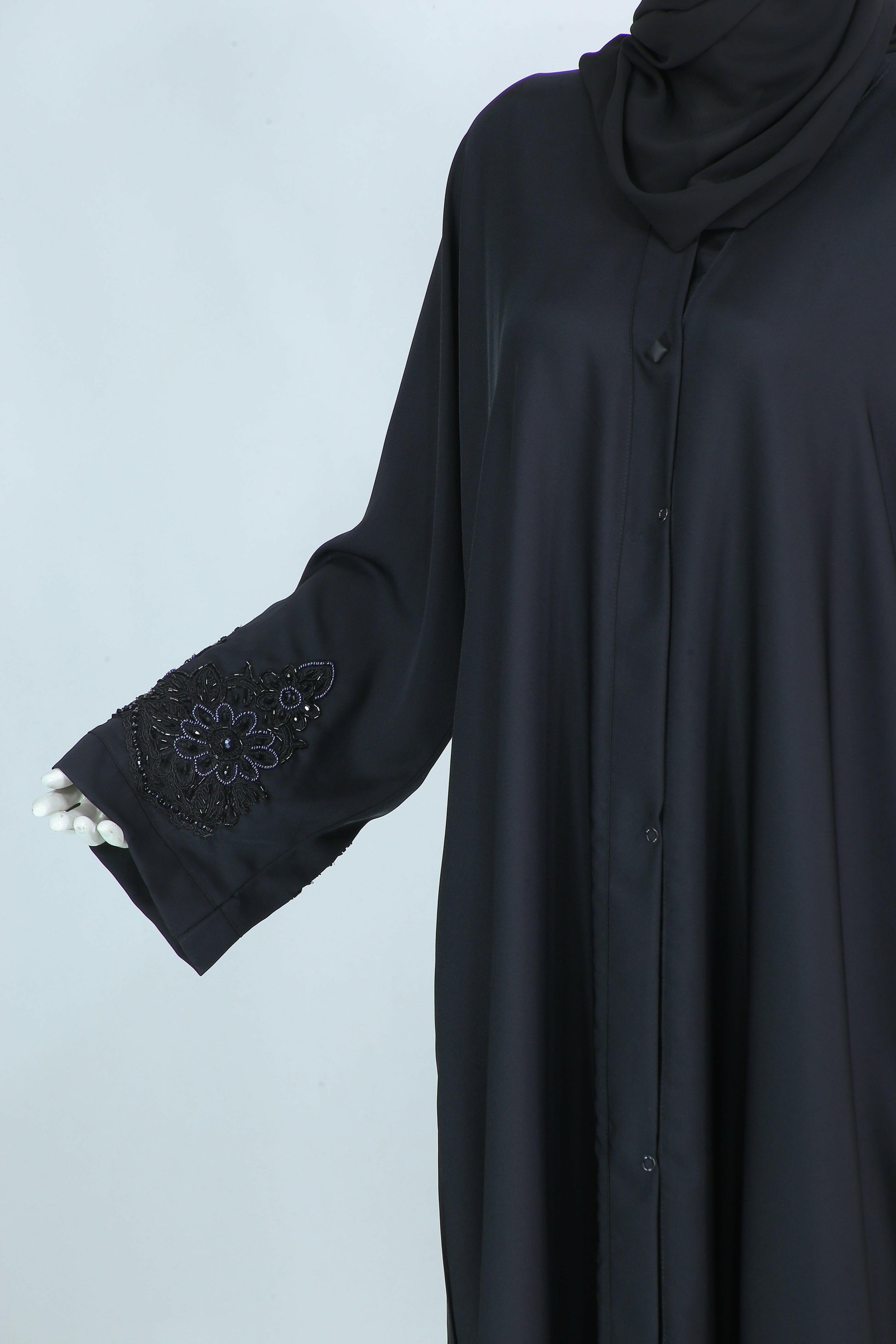 Black Mahnoor abaya with free scarf featuring embroidered sleeve detail by Clarity Glam
