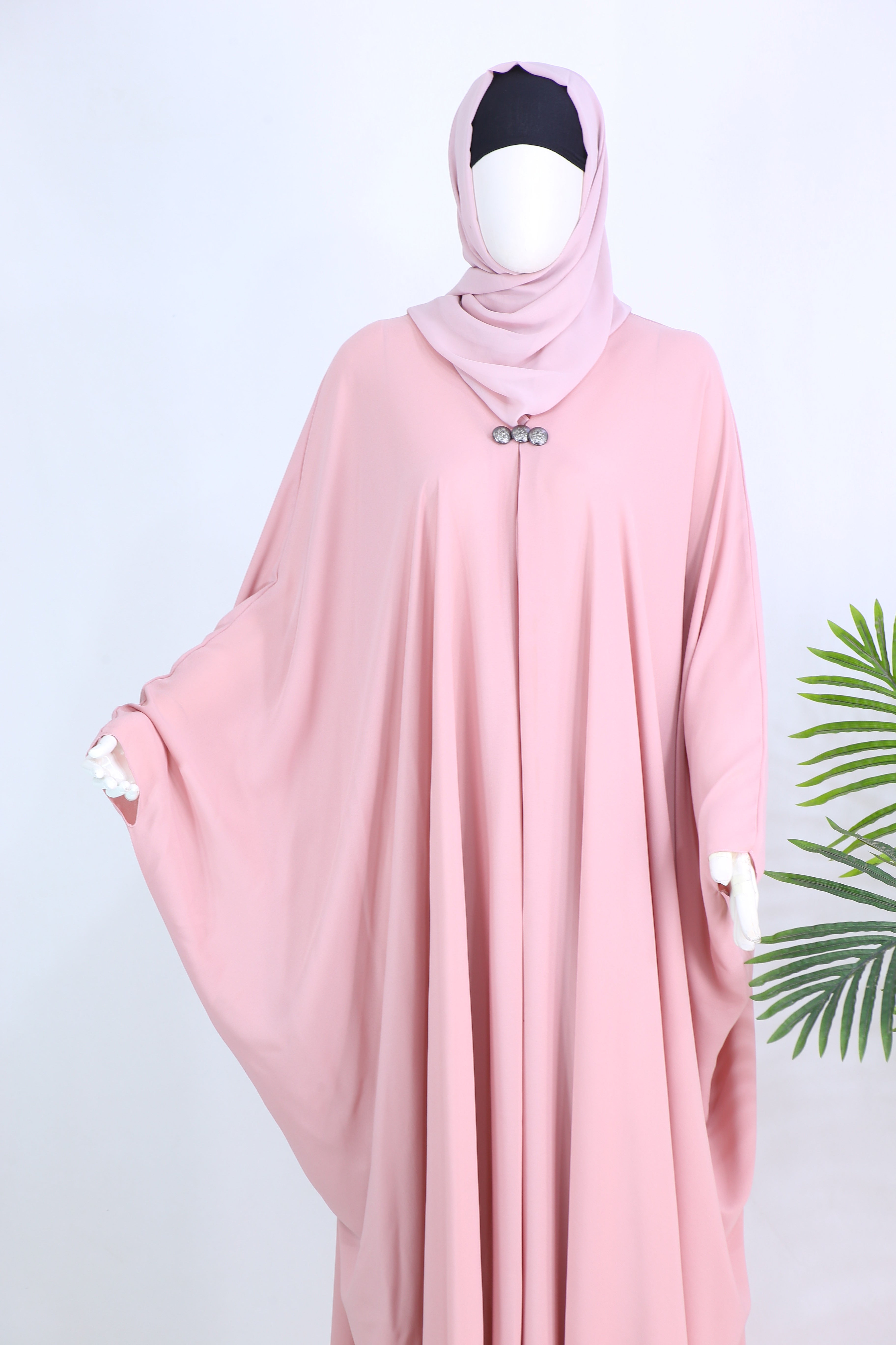 Clarity Glam pink luxury abaya party wear with flowing design and matching hijab