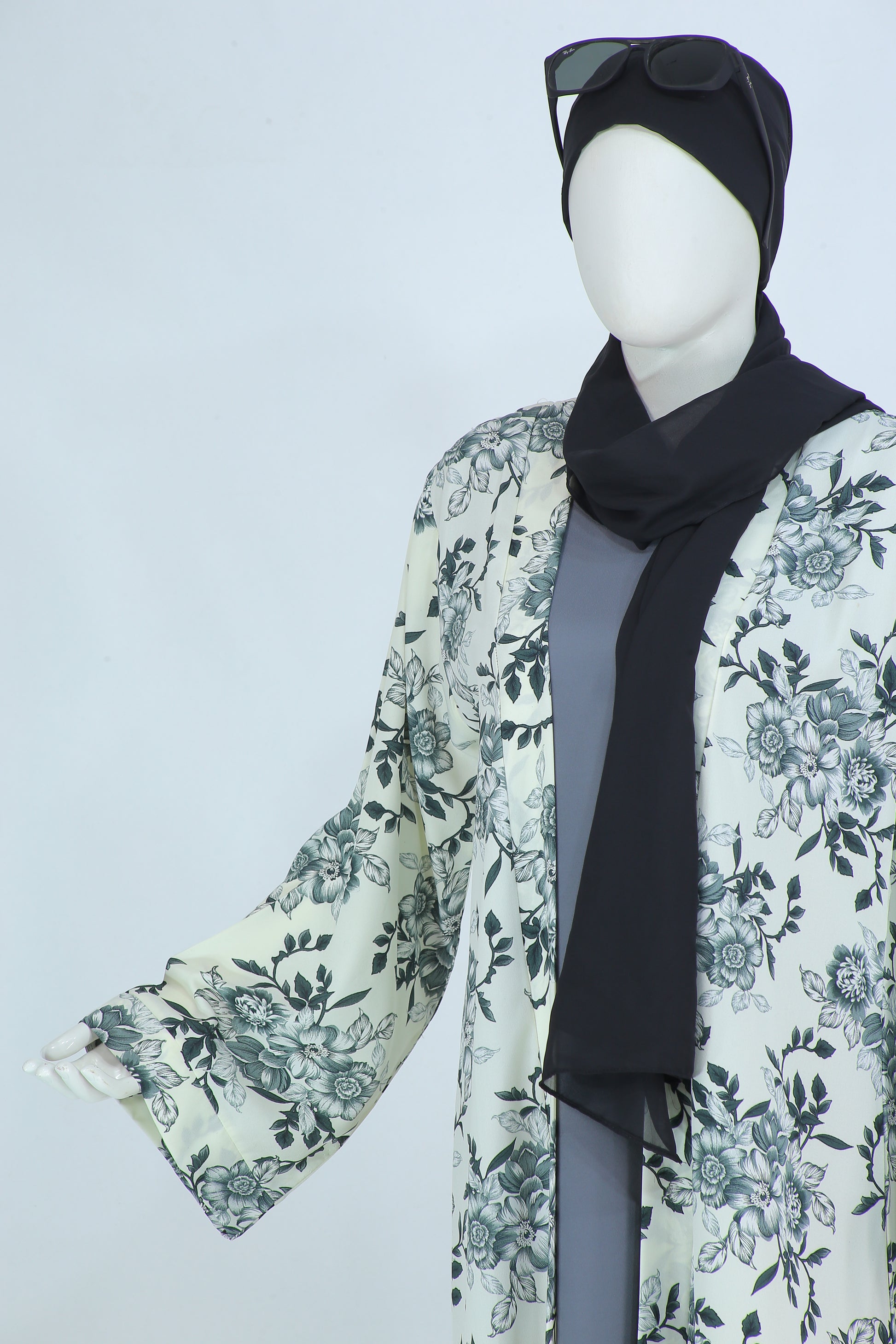 Zara Panel abaya online Pakistan by Clarity Glam featuring black and white floral design with black hijab and sunglasses