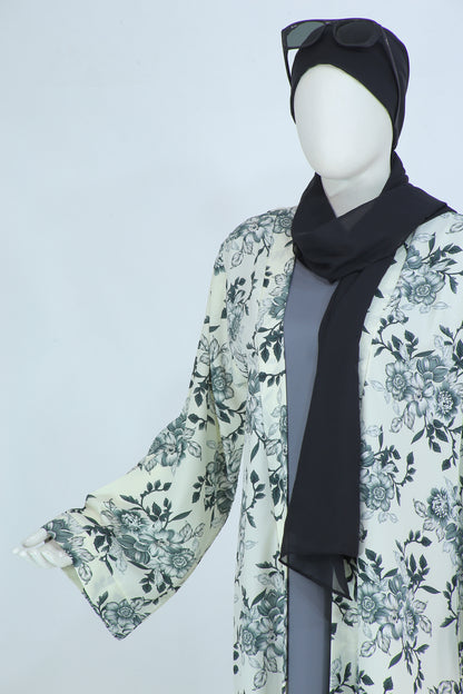 Zara Panel abaya online Pakistan by Clarity Glam featuring black and white floral design with black hijab and sunglasses