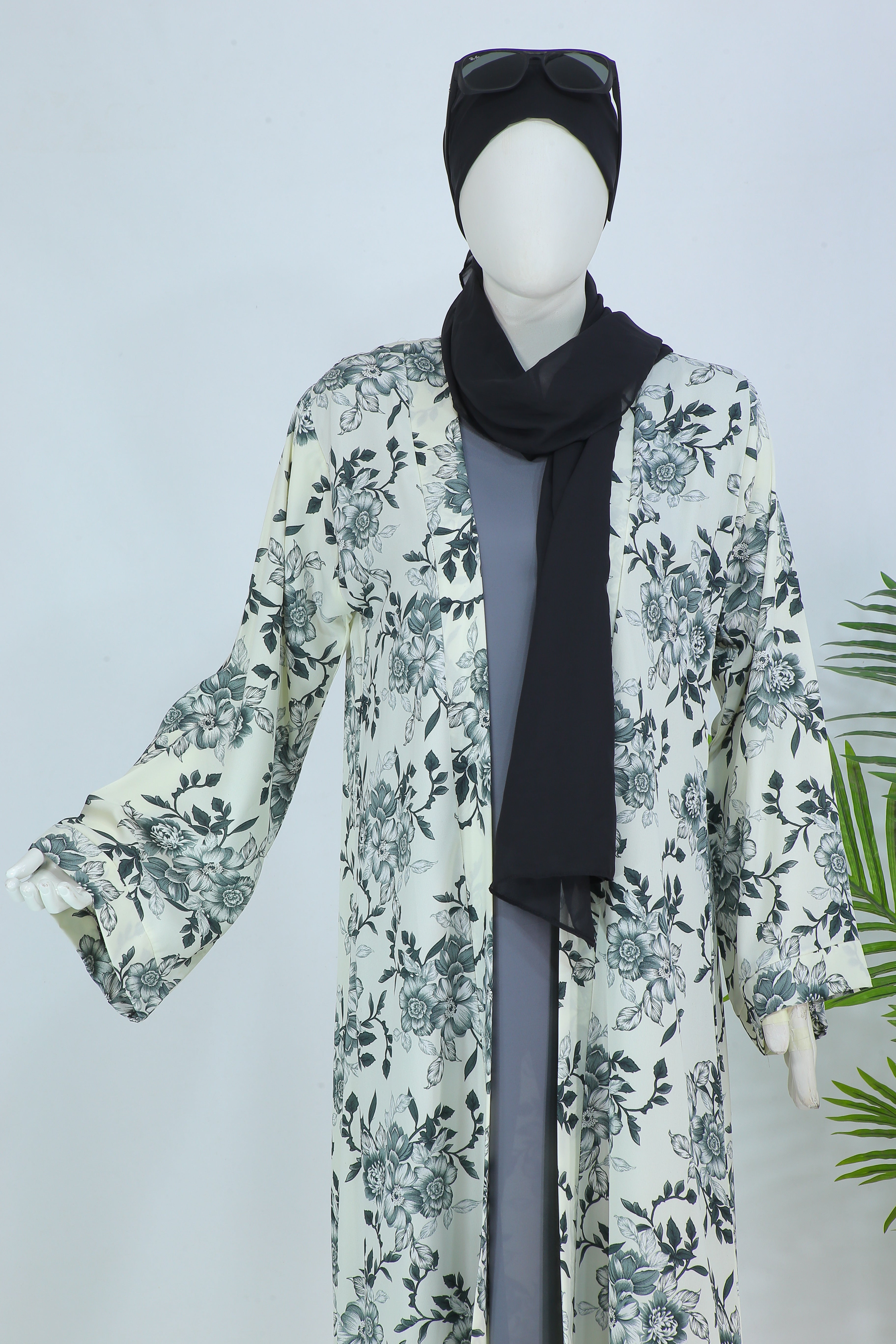 Zara Panel abaya online Pakistan by Clarity Glam in white with black floral patterns and black hijab