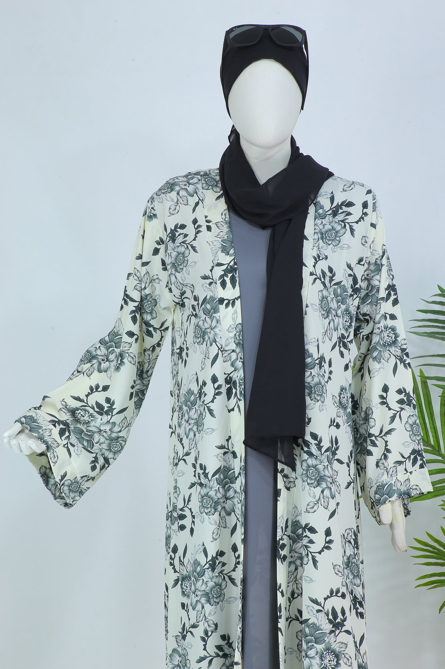 Zara Panel abaya online Pakistan by Clarity Glam in white with black floral patterns and black hijab